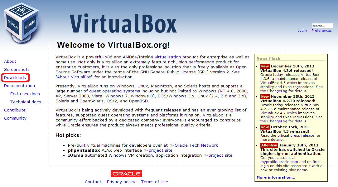 virtualboxのWebページで［Downloads］をクリック